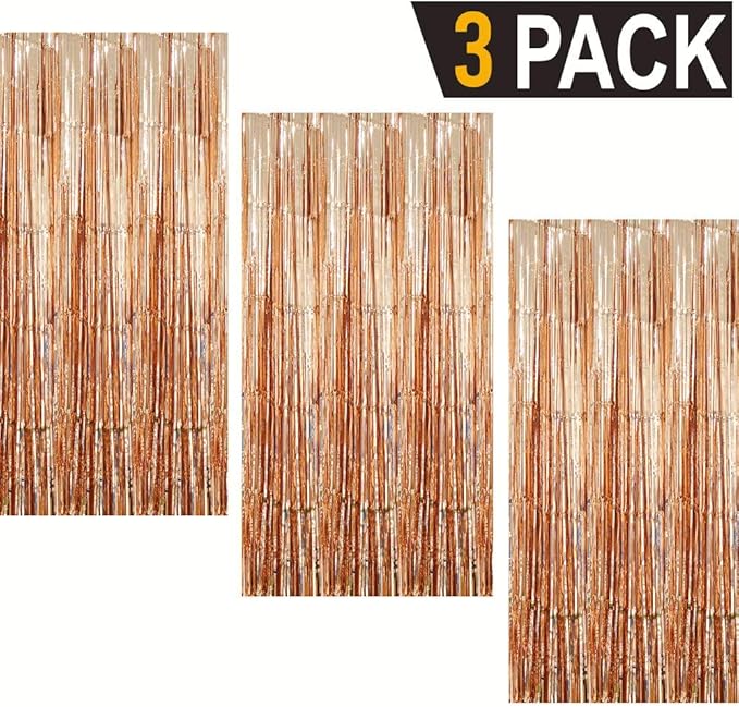 GOER 3.2 ft x 9.8 ft Metallic Tinsel Foil Fringe Curtains Party Photo Backdrop Party Streamers for Birthday,Graduation,New Year Eve Party Decorations Wedding Decor (3 Packs,Champagne Gold)