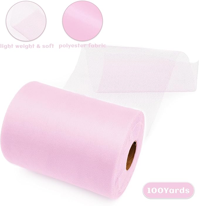6 Inch × 100 Yards(300 Feet) Tulle Mesh Ribbon Light Pink Tulle Fabric Ribbon Roll Netting Spool for Tutu Skirt DIY Craft Wedding Home Decor Party Gift Wrapping Ornaments