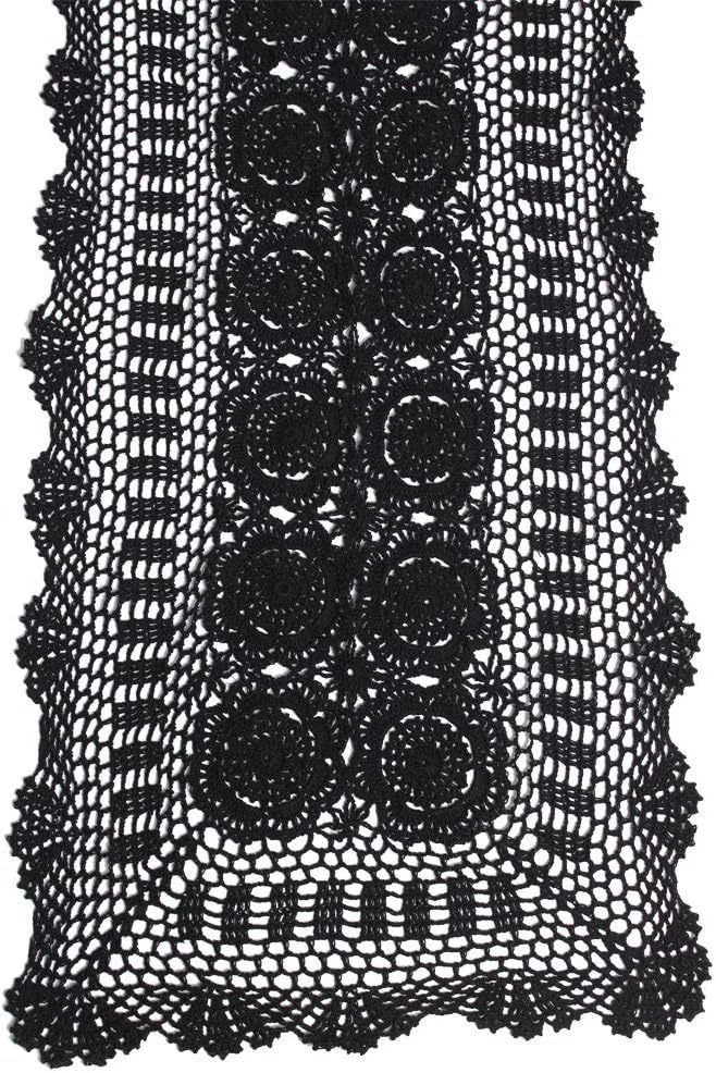 KEPSWET Cotton Handmade Crochet Lace Table Runner Black Rectangle Coffee Table Dresser Decor (14x36 inch)
