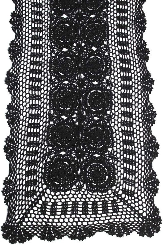 KEPSWET Cotton Handmade Crochet Lace Table Runner Black Rectangle Coffee Table Dresser Decor (14x36 inch)