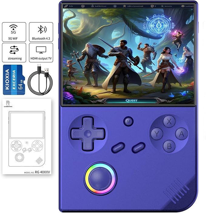 RG40XX V Handheld Game Consoles RG40XXV Retro Game Console Built-in 64G TF Card Preloaded Games 5000+ RG 40XXV Portable Gaming Console Linux 64-bit Supports WiFi Bluetooth HD Output Blue