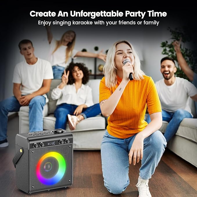 Karaoke Machine with 2 Wireless Microphones, Portable Bluetooth Speaker for Adults Kids with Bass Treble Echo PA System with Remote,LED Light, Supports TF Card,USB,AUX in,TWS,FM,REC for Party