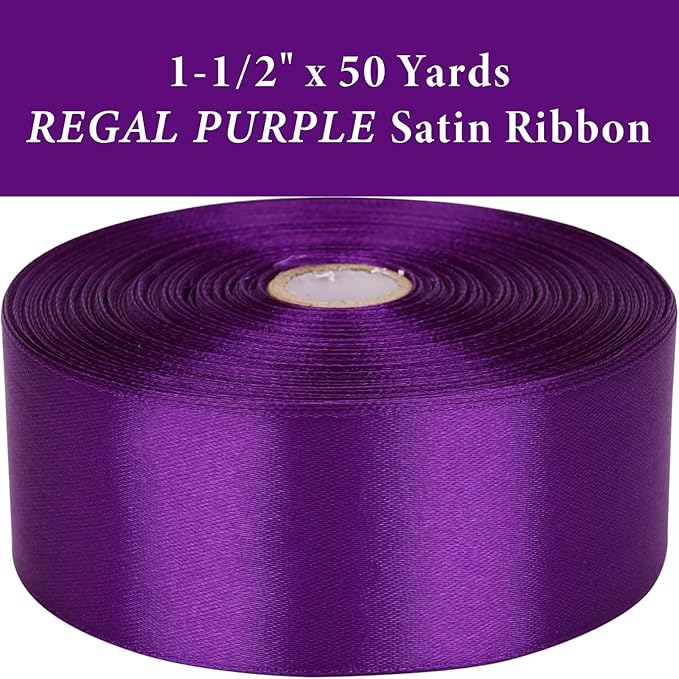 1-1/2 Inch Regal Purple Satin Ribbon 50 Yards Solid Fabric Ribbons for Gift Wrapping, Crafts, Floral Arrangements, Wedding, Party, Holiday and Home Decor