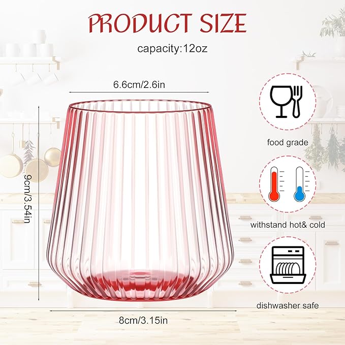 24 Pcs Pink Plastic Wine Glasses Ribbed Disposable Wine Glasses Unbreakable Stemless Champagne Whiskey Cups Ribbed Cocktail Plastic Cups for Wedding Home Office Bar (12 oz,Origami)
