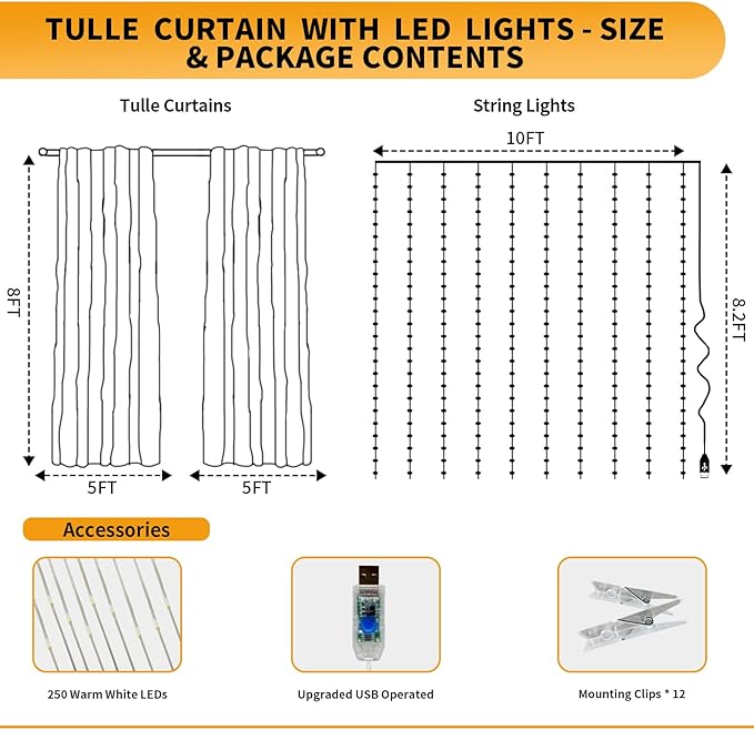 White Tulle Backdrop Curtain with Lights String - 10x8ft Sheer Backdrop with 250 LEDs for Wedding, Baby Shower, Bridal Shower, Birthday Party Photo Shoot Background and Home Decorations