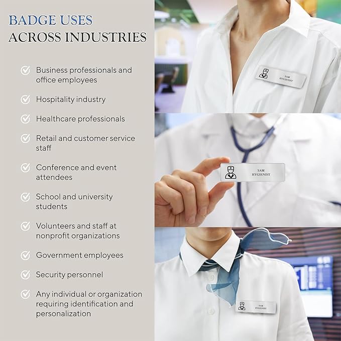 Custom Engraved Name Tags Badges with Logo Text, Personalized Identification Metal Name Tag for Classroom, Business, Office, Doctor, Teacher, Realtor (Silver)