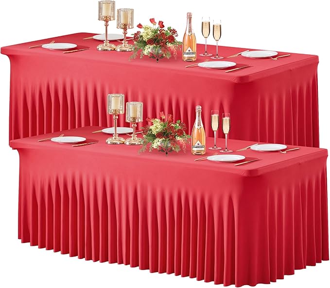 Wish Care 2 Pack Red Spandex Table Clothes for 6 Foot Rectangle Tables, 6FT Wrinkle Free Fitted Tablecloths Ruffles Design Table Cover for Party, Banquet, Wedding and Events