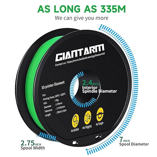 GIANTARM 3D Printer Filament, Green Pla Filament, 1Kg(2.2lbs) Spool, 1.75mm Dimension Accuracy +/- 0.03mm, 3D Printing Filament
