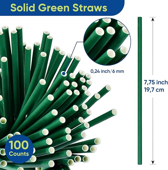 Disposable Paper Straws Solid Green - 7.75'' x 0.24'', 100 Counts - for Drinking, Beverage, Juice, Soda, Bar Supplies