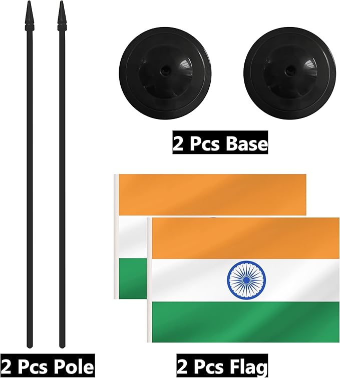 2 Pack India Desk Flag Set, Indian Desktop Small Miniature Table Office Flag with 12" Black Pole and Black Base, Offices, Classroom, Home, Festival Decoration (India)