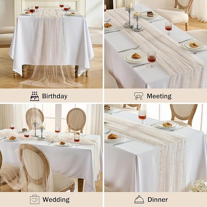Fanami 1 Pack Pearl Table Runner -10FT Champagne Gold Boho Tulle Table Runners 120 Inches Long Rustic Sheer Lace Fabric Centerpieces for Wedding Arch Birthday Party Bridal Veil Baby Shower Decorations