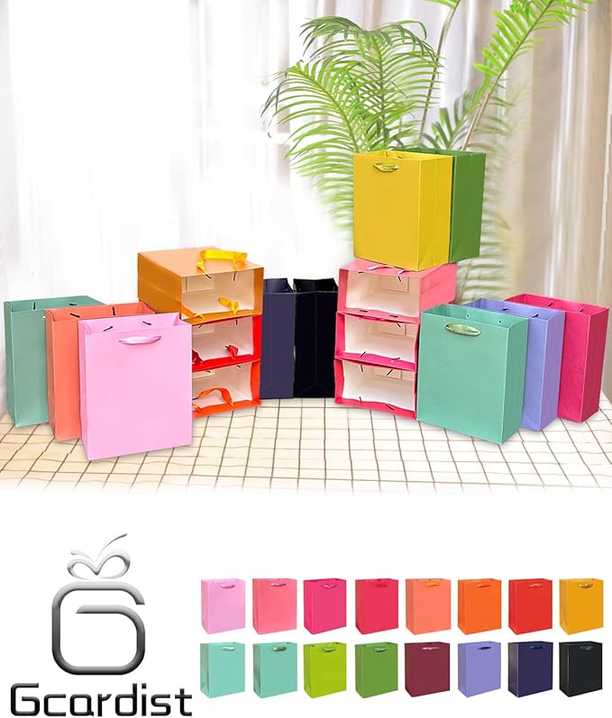 Gcardist 16 Colors Gift Bags with Tissue Paper for Wedding, Birthday, Party Supplies-7.9"x4.3"x9.6" Light Color Series Medium Size Cardboard Gift Bags （16pcs Bags +32pcs Tissue Paper ）