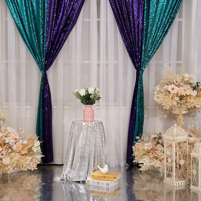 Poise3EHome Teal Sequin Backdrop Curtains, 4 PCS 3FT x 8FT Sequin Panels for Backdrop,Sequence Wedding Party Background Drapes