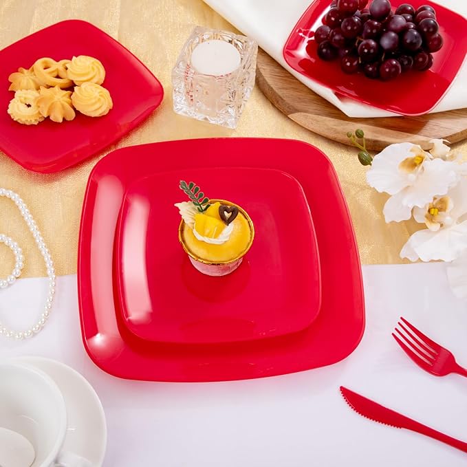 PULOTE 60PCS Red Square Plastic Plates - Red Christmas Disposable for Party Include 30 Dinner and 30 Dessert Plates for 30 Guests