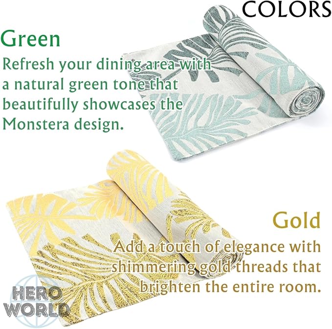 Monstera Leaf Table Runner – Elegant Fabric Table Centerpiece, Machine Washable, Gold or Green, 71"/83"/94" Length, 13" Width (Green/83)