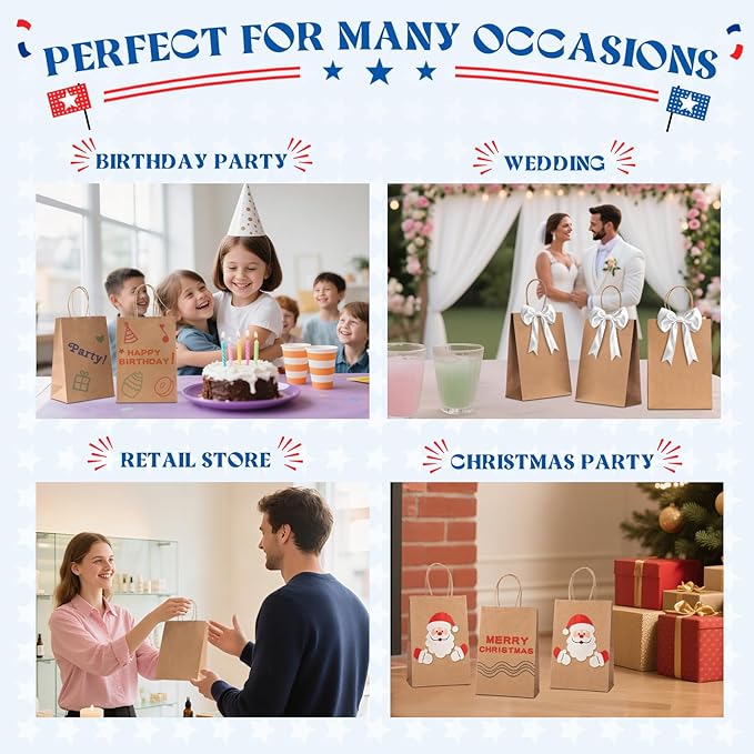 MESHA Paper Gift Bags 5.25x3.75x8 Inch 50 Pack Small Brown Paper Bags with Handles Bulk for Small Business, Birthday Wedding Party Favor