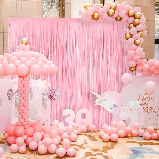 Pastel Pink Metallic Tinsel Foil Fringe Curtains, 2 Pack 3.3x8.3 Feet Streamer Backdrop Curtains for Birthday Party Decorations, Halloween Decor, Foil Curtain Backdrop for Bachelorette Party