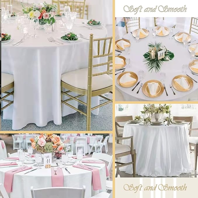 12 Pack 108 Inch White Satin Tablecloth - Premium Bright Silky Round Tablecloth Overlay Smooth Fabric Table Cover, Table Decoration for Wedding Party Banquet Events Restaurant Kitchen Dining