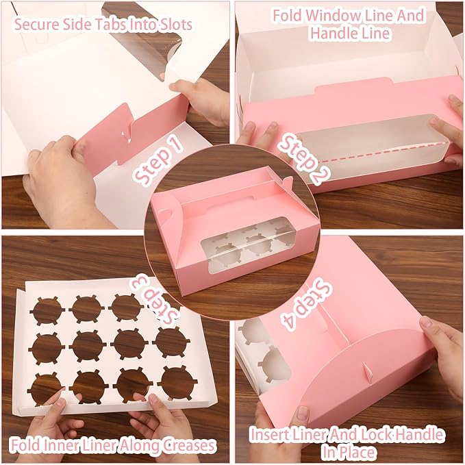 30 Pcs Cupcake Boxes, 12 Count Muffin Boxes with Handle, Window, and Inserts, Pink Cupcake Holders Bakery Carrier Boxes for Cookies Treats Dessert