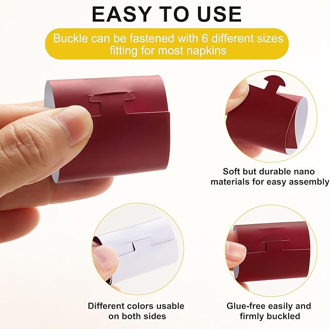 Polymer Material Reusable Napkin Band, Glue-Free Tear-Proof Water Resistant Oil-Proof Napkin Bands Set of 100(Front Burgundy Color and Back White), 6 Adjustable Sizes Napkin Rings