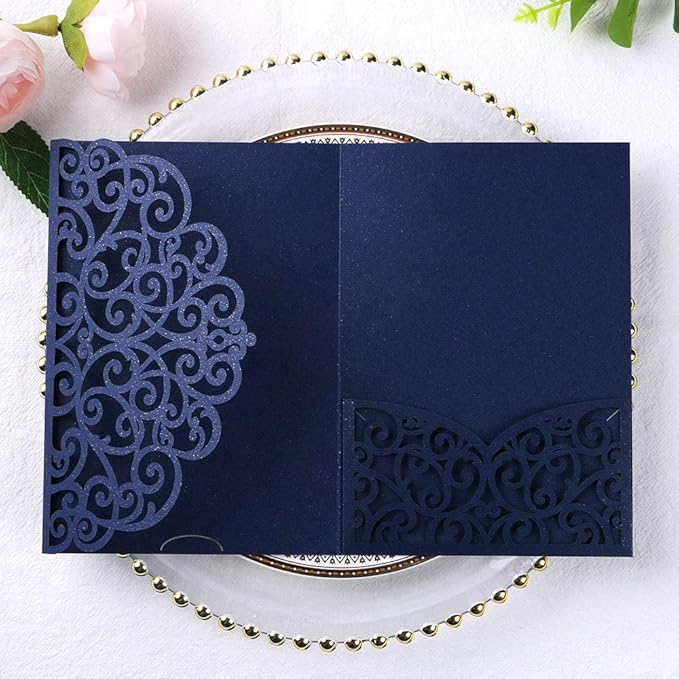 PONATIA 5.12 x 7.2 Laser Cut Invitation Pocket, 20PCS Tri-Fold 5 x 7 Laser Cut Wedding Invitation Pockets with Envelopes for Wedding Bbay Shower Birthday Sweet 16 Invite (Navy Blue, No Inner Sheet)