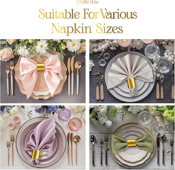 Polymer Material Reusable Napkin Band, Glue-Free Tear-Proof Water Resistant Oil-Proof Napkin Bands Set of 100(Front Brushed Gold Color and Back Silver), 6 Adjustable Sizes Napkin Rings