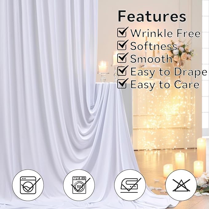 60×14 ft White Wrinkle Free Backdrop Curtain, Soft Silky Polyester Wedding Drapes 12 Panels 14ft Height Photo Backdrop Curtains for Parties Birthday Baby Shower Photography Background Cloth