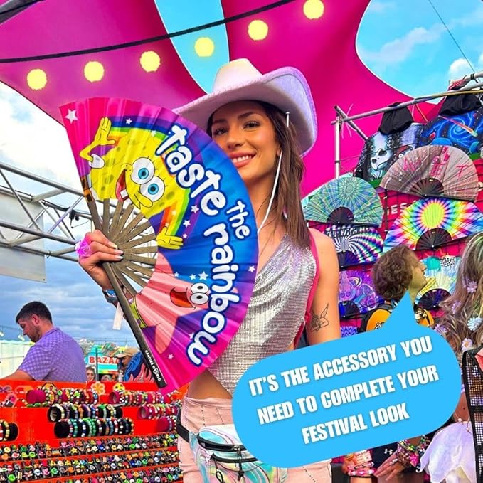 Kandies World UV Reactive Custom Festival Folding Hand Fan - Unique Designs, Made of Bamboo, Clacking Sound, Lightweight - Perfect Rave and Festival Accessory!