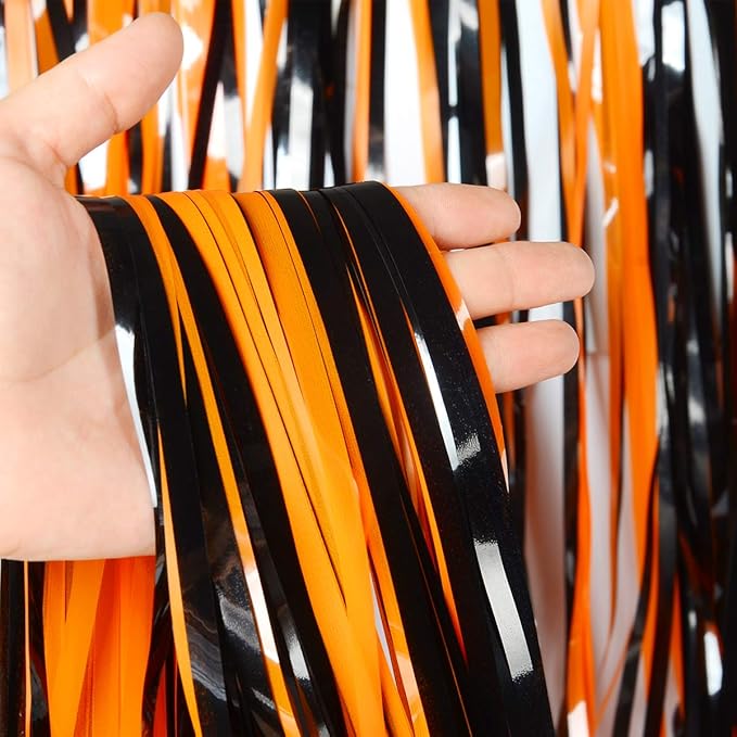 Melsan Halloween Decorations Tinsel Backdrop Foil Fringe Curtains, 3.2 ft x 8.2 ft Black Orange Metallic Foil Curtains for Halloween Party Photo Booth Props Decorations, 2 Pack