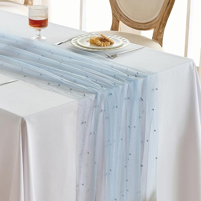 Fanami 6 Pack Pearl Table Runner -10FT Dusty Blue Boho Tulle Table Runners 120 Inches Long Rustic Sheer Lace Fabric Centerpieces for Wedding Arch Birthday Party Bridal Veil Baby Shower Decorations