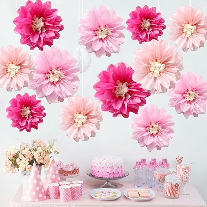 12pcs 10in 12in Paper Flowers Tissue Flowers Pom Paper Pom Poms Hanging Flowers Floral Backdrop Wedding Party Flower Decorations DIY Art Craft Blooms for Birthday Baby Shower Nursery Decor Pink
