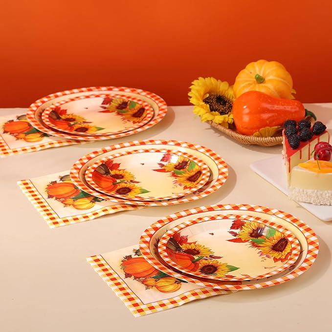 Sunflower Plates and Napkins Set for 50 Guests – Disposable Fall Party Supplies, Pumpkin Design for Sunflower Thanksgiving Party Decoration