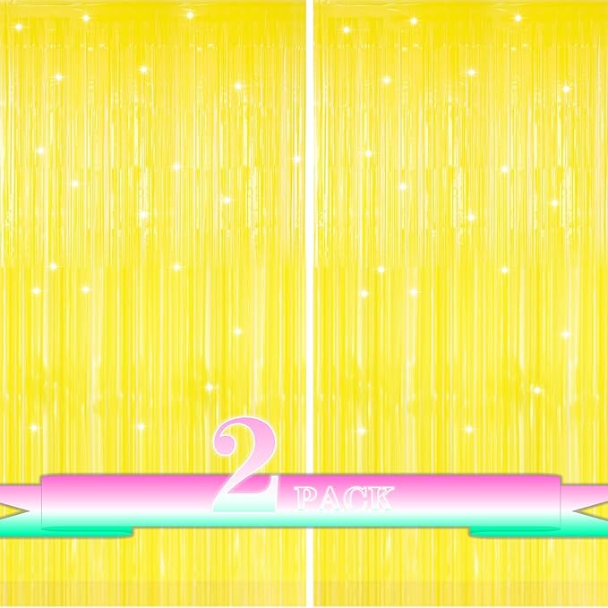 Yellow Streamers Birthday Party Decorations,2 Pack Yellow Tinsel Foil Fringe Curtains,Fringe Backdrop for Sunshine/Lemon/Summer/Hawaiian/Baseball/Back to School Party Decorations,3.3x6.6ft