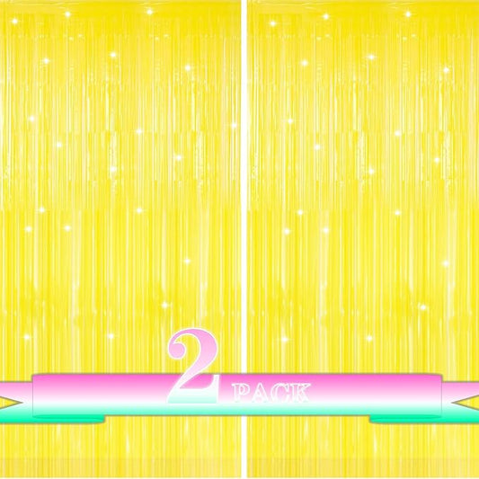 Yellow Streamers Birthday Party Decorations,2 Pack Yellow Tinsel Foil Fringe Curtains,Fringe Backdrop for Sunshine/Lemon/Summer/Hawaiian/Baseball/Back to School Party Decorations,3.3x6.6ft