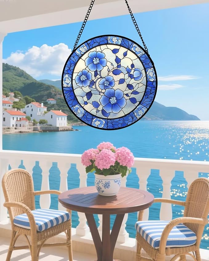 Stained Glass Window Hanging, Blue and White Plum Blossom Sun Catcher for Door Home Decor Flowers Suncatcher Christmas Mother's Day Birthday Gifts for Women Men Mom and Nana 9.8 in