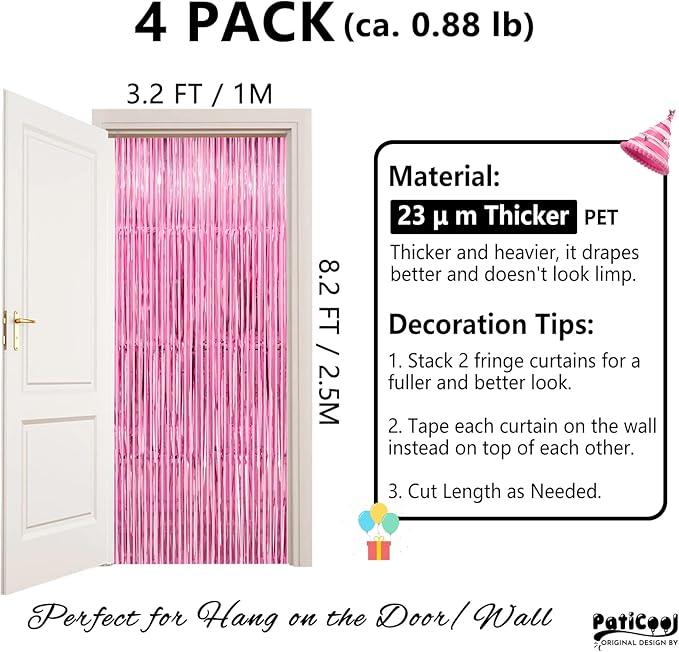 Pink Streamers - Thicken 4 Pack 3.2 x 8.2 FT - Pink Tinsel Foil Fringe Curtains, Photo Booth Props Backdrops for Birthday, Bachelorette, Graduation, Baby Shower Party Decorations