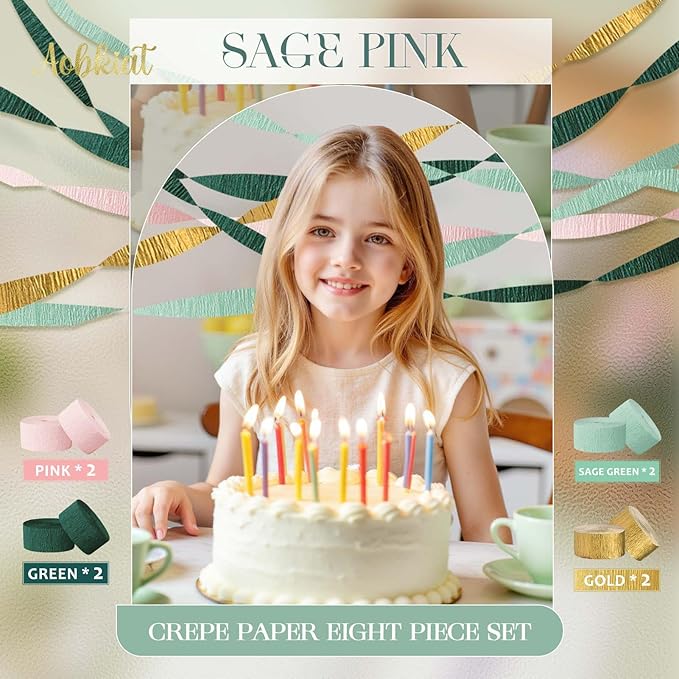 AOBKIAT Wedding Decor Sage Pink Gold Crepe Paper 8 pcs Streamers Party Decorations for Wedding,Rustic Bachelorette,Birthday,Bridal/Baby Shower,Anniversary Party Backdrop Decoration