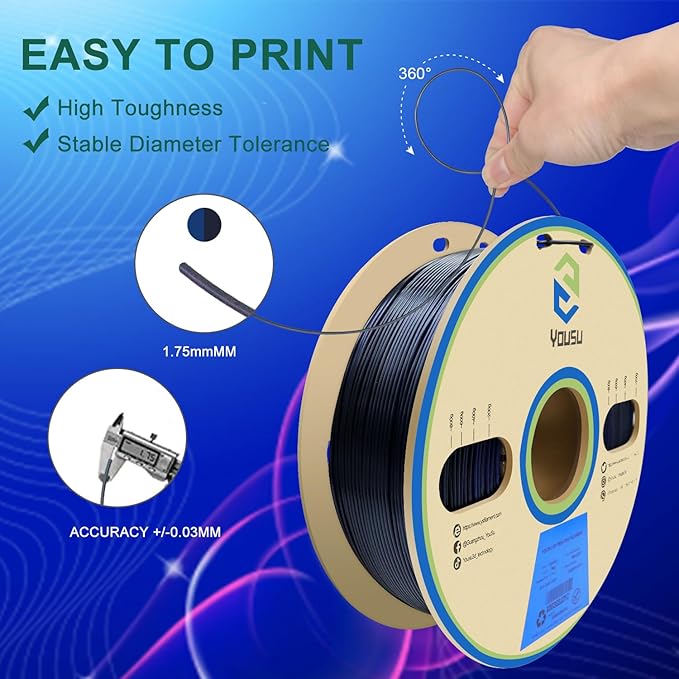 YOUSU PLA Filament 1.75mm, 3D Printer Filament Silk Black Purple Color Changing, Silk PLA Filament, 3D Printing Filament 1.75 +/-0.02mm, 1kg.