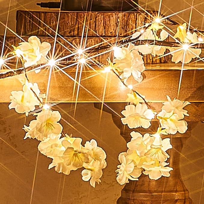 Fudios Lighted White Cherry Blossom Garland Decor with Timer 96 LED Fairy Lights 6FT for Mantle,Artificial Flower Vine with Lights Battery Operated Valentines Wedding Party Indoor Outdoor