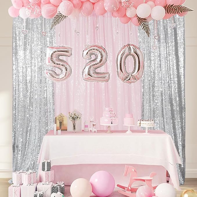 Juya Delight 4 Panels Silver&Pink Sequin Backdrop Curtain 2FTx8FT Glitter Sequin Backdrop Curtains for Birthday Party Wedding Decoration