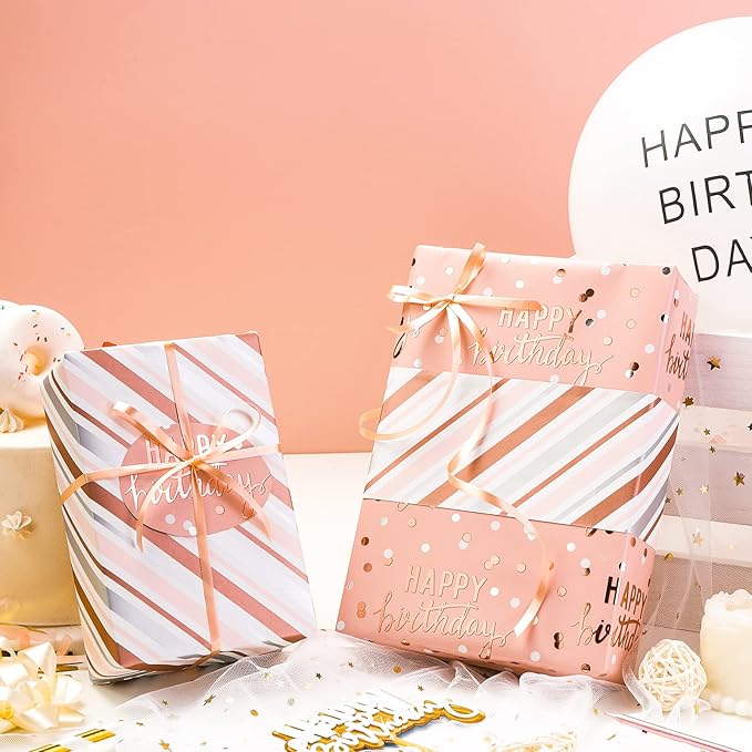LeZakaa Reversible Pink Birthday Wrapping Paper Roll for Girls Women, Happy Birthday Lettering & Stripe Pattern with Metallic Foil in Pink, Large Roll, 30 inches x 32.8 Feet (92.9 sq.ft.)