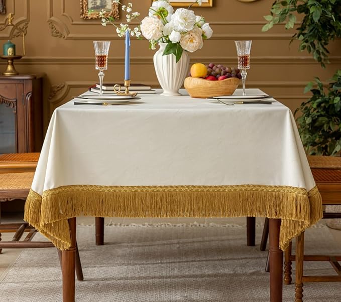F-CHU White Tablecloth Thickset Velvet Tablecloth with Beautiful Gold Tassels Vintage Table Cloth for Home Decor Wedding, Party, Banquet and Events 60x86-Inch