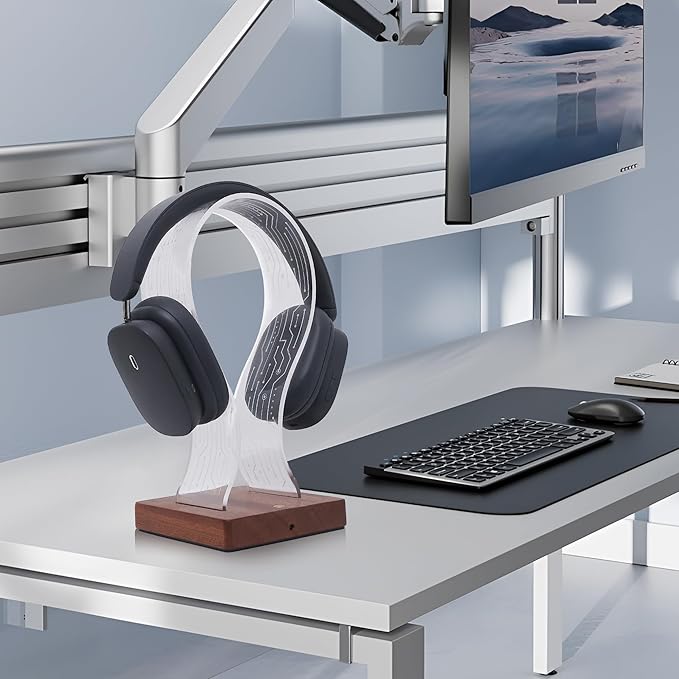 YuanDian RGB Headphone Stand with 16 Changing Colors, Wooden Headset Holder with 1 USB Charging Port and 1 Type-C Charging Port Touch Control with Remote, Gift for Gamers, Men, and Music Lovers