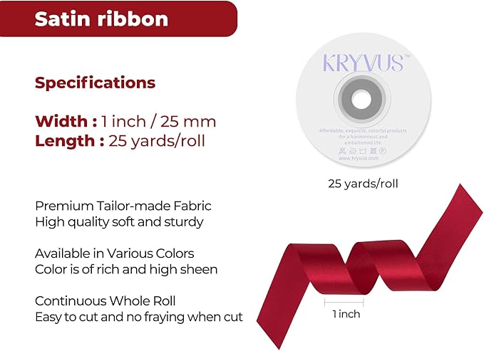 Scarlet Red Satin Ribbon 1 inch X Continuous 25 Yards, Single Face Polyester Ribbon Perfect for Gift Wrapping, Flower Bouquet, Wedding Decor, Crafts, Bow Making, Sewing and More