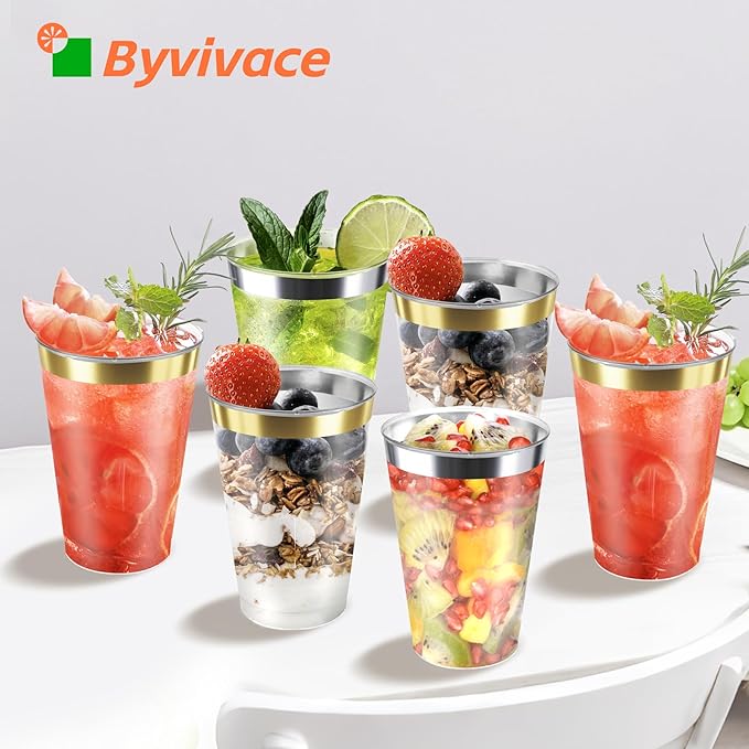 [200 Pack 12oz Clear Plastic Cups with Silver Rimmed Sturdy & Food Safe Disposable Wine Glasses Party Cups Wedding Cups Disposable Drinking Cups for Wine, Juice, Cocktails and Cold Beverages