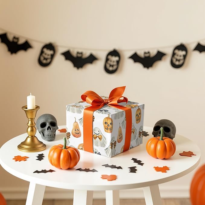 LeZakaa Halloween Wrapping Paper Roll for Kids, Watercolor Ghosts Pumpkins with Bows Spooky Soft Vintage Design, for Trick-or-Treat Decor,Aesthetic Holiday Packaging, Mini Roll 17 in x 16.4 Ft