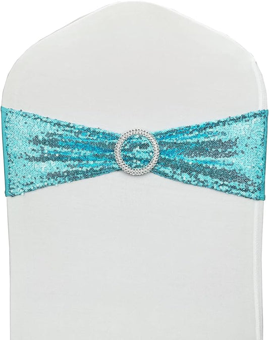 25 Pcs Chair Sashes Sequin Stretch Chair Bands Spandex Polyester Bows for Party Hotel Wedding Banquets Decoration - Aqua
