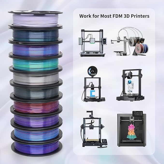 YOUSU 3D Printer Filament 1.75MM Silk PLA Filament Rainbow Color, 10 * 250g Pack Filament Bundle for 3D Printer.