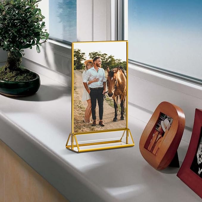 6 Pack Acrylic Sign Holder with Gold Borders, 5x7'' Double-Sided Menu Stands Clear Picture Frames for Restaurant Menu Signs, Wedding Table Numbers, Exhibition & Art Display