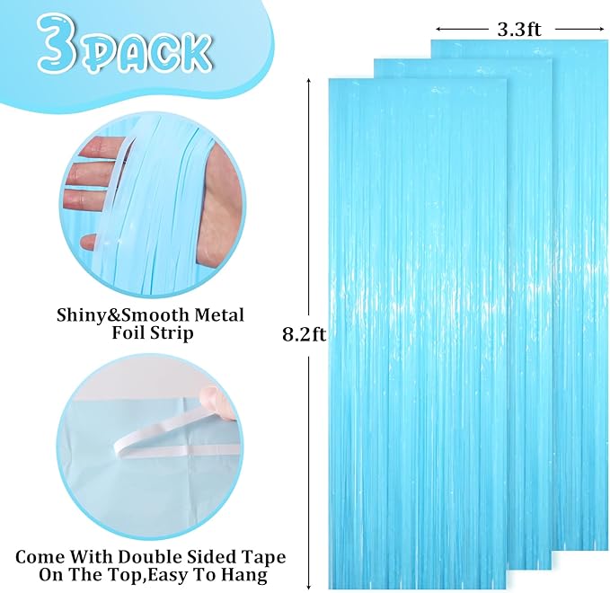 3 Pack 3.3 x 8.2 ft Pastel Blue Foil Fringe Backdrop Curtains, Tinsel Streamers Birthday Party Decorations, Fringe Backdrop for Graduation, Baby Shower, Gender Reveal, Disco Party